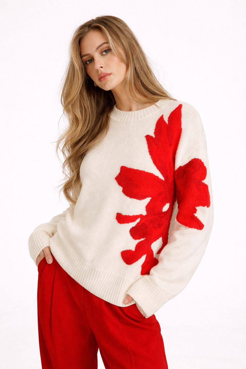 Knit Sweater Women Round Neck Relaxed Fit Floral