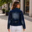 Denim Moto Jacket Women Cropped Zip Front Notched Lapel