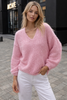 V-Neck Knit Sweater Women Relaxed Fit Long Sleeve