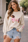 Graphic Knit Sweater Women Crew Neck Dog Print Long Sleeve