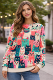 Cat Print Knit Sweater Women Crew Neck Relaxed Fit