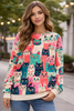 Cat Print Knit Sweater Women Crew Neck Relaxed Fit