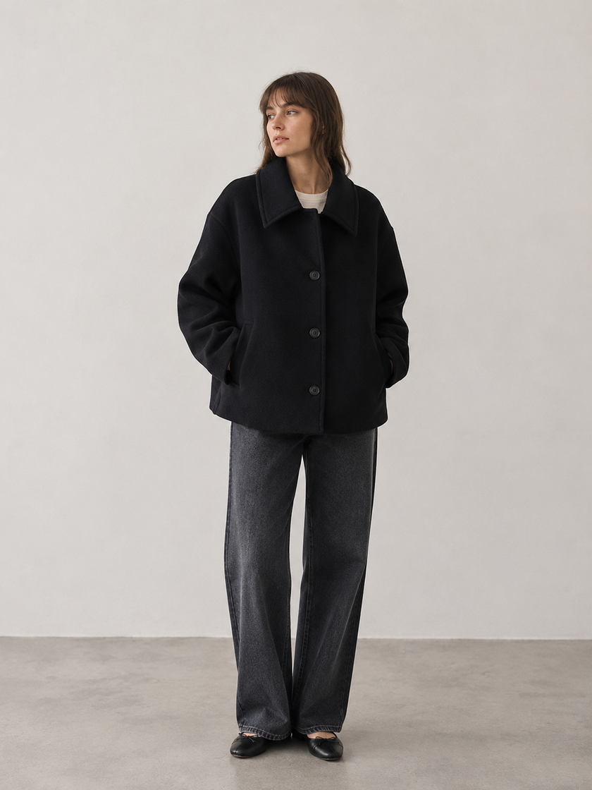 Wool Blend Coat Women Oversized Short with Lapel Collar