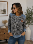 Leopard Print Top Women Long Sleeve with Denim Details