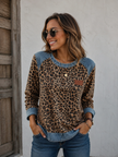 Leopard Print Top Women Long Sleeve with Denim Details