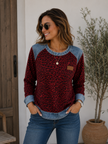 Leopard Print Top Women Long Sleeve with Denim Details