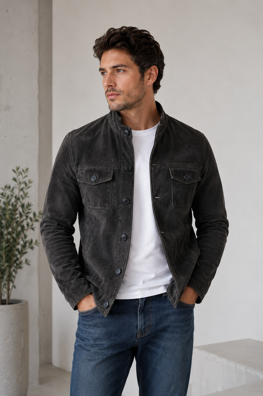 Suede Jacket Men Button Front Chest Pockets Stand Collar