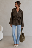 Wrap Jacket Women Tie Belt Lapel Collar Hip Length
