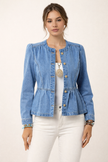Denim Jacket Women Fitted Ruffle Waist Button Front