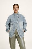 Oversized Denim Jacket Women High Collar Asymmetric Zip