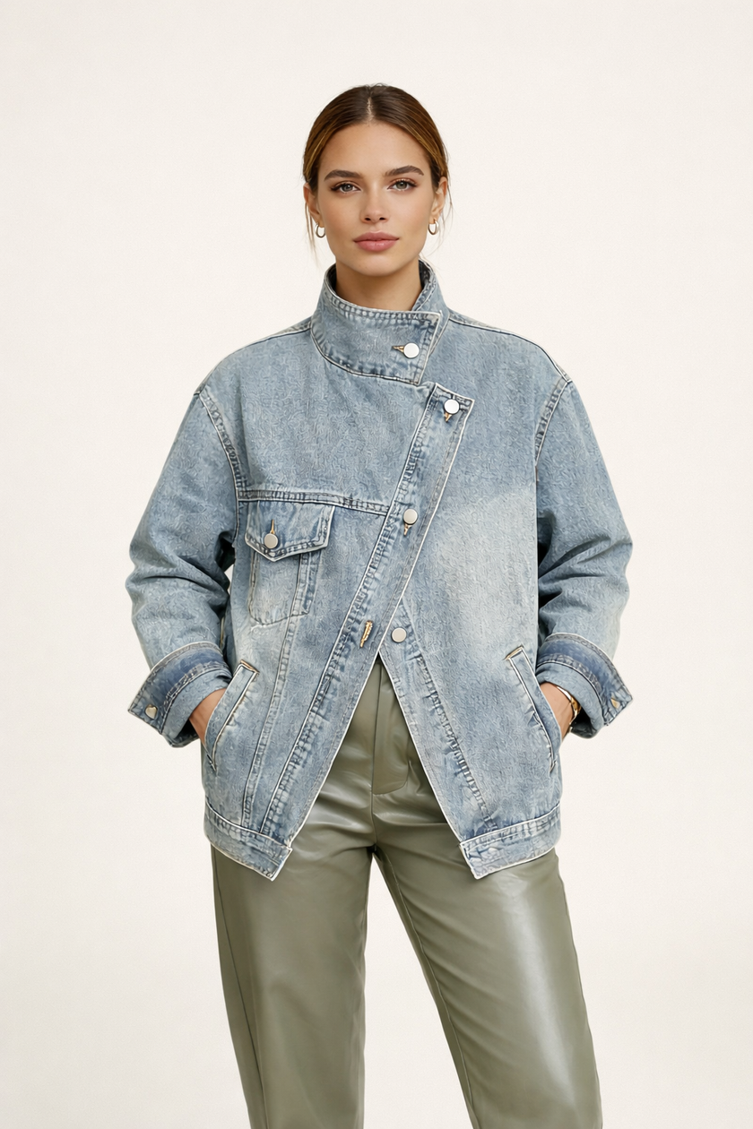 Oversized Denim Jacket Women High Collar Asymmetric Zip