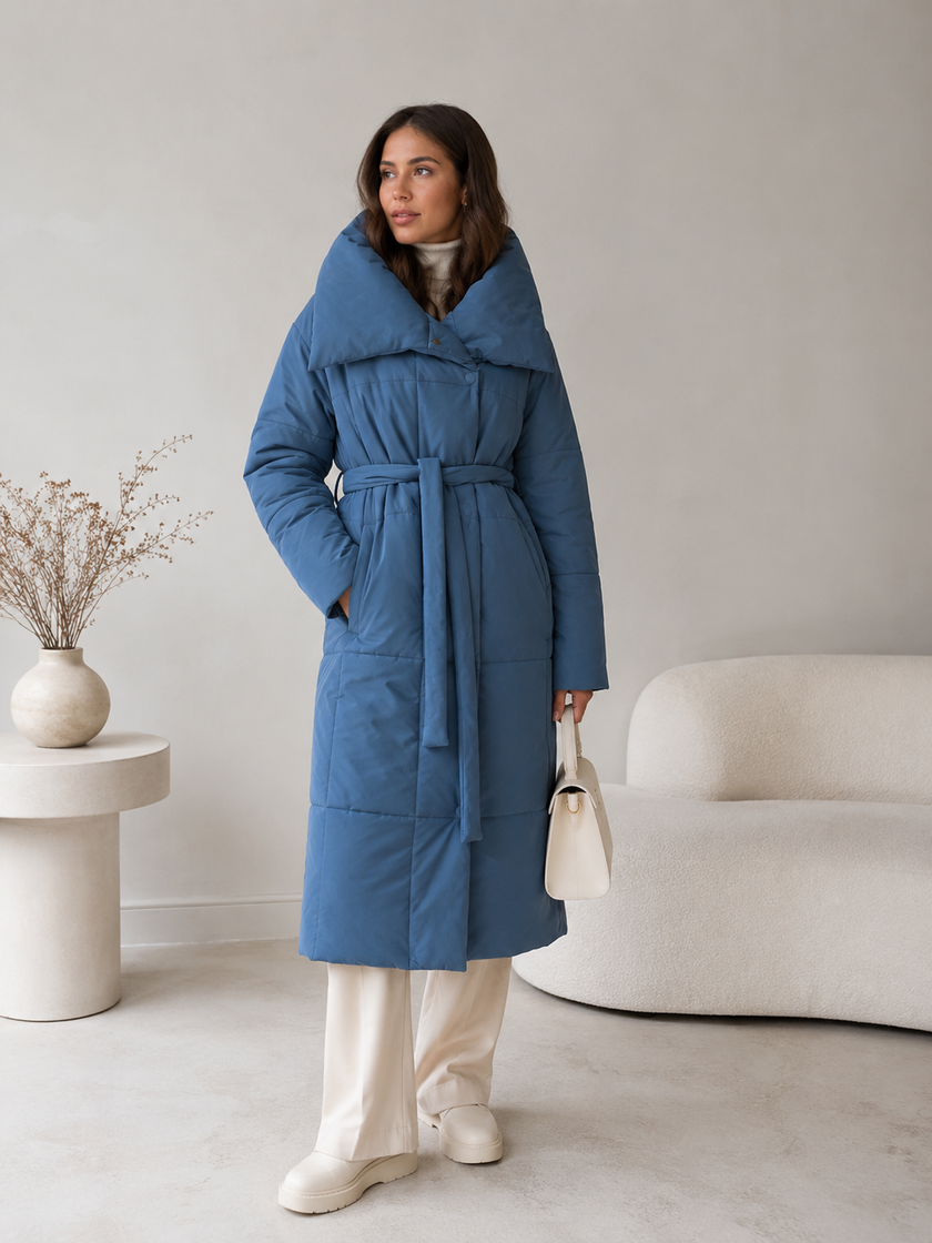 Long Padded Coat Women Relaxed Fit with Wide Collar