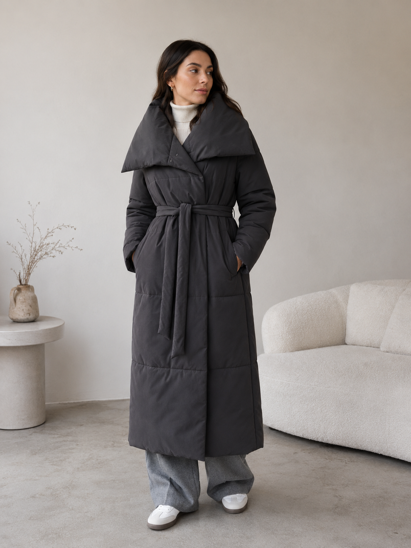 Long Padded Coat Women Relaxed Fit with Wide Collar