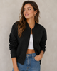 Quilted Jacket Women Cropped Zip-Up Round Neck Ribbed Cuffs