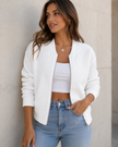 Quilted Jacket Women Cropped Zip-Up Round Neck Ribbed Cuffs