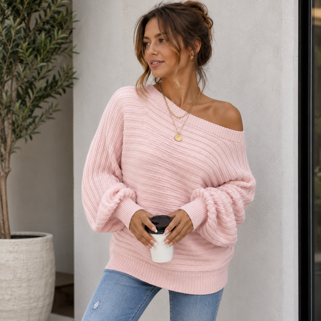 Off Shoulder Knit Sweater Women Ribbed Relaxed Fit