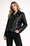Faux Leather Biker Jacket Women Belted Straight Fit