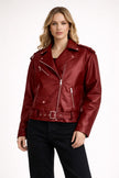 Faux Leather Biker Jacket Women Belted Straight Fit