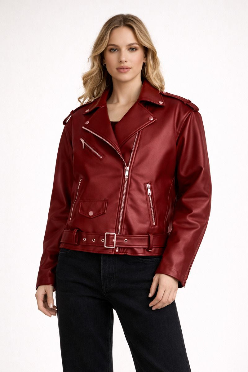 Faux Leather Biker Jacket Women Belted Straight Fit