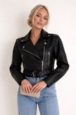 Faux Leather Biker Jacket Women Short Belted Cross-Zip