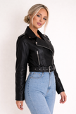 Faux Leather Biker Jacket Women Short Belted Cross-Zip