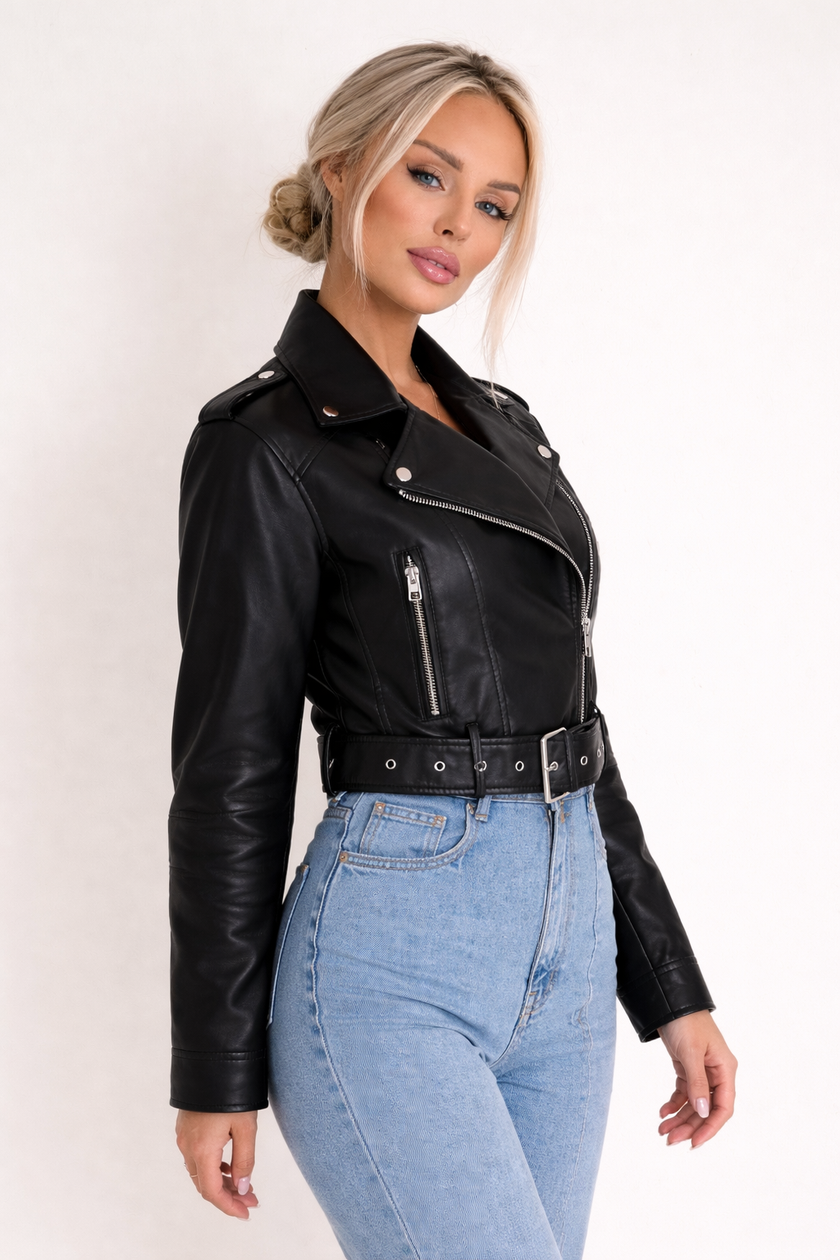Faux Leather Biker Jacket Women Short Belted Cross-Zip