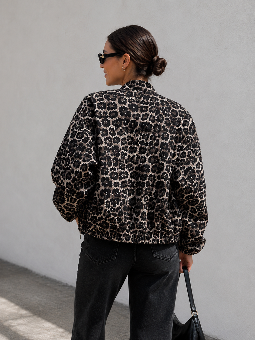 Leopard Print Jacket Women Relaxed Fit with Front Zip