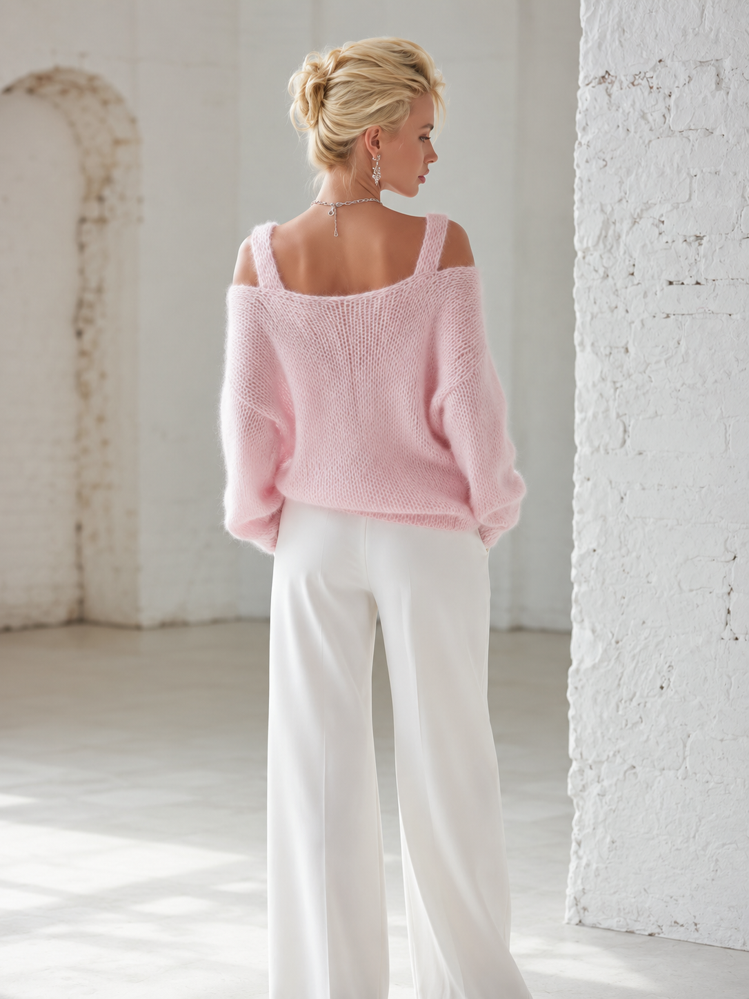 Pink Knit Sweater with Dual-Strap Detail Relaxed Fit for Women