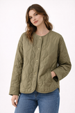 Quilted Jacket Women Snap Button Round Neck Straight Fit