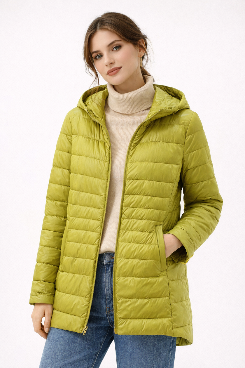 Quilted Jacket Women Hooded Zip Front Lightweight Mid-Length