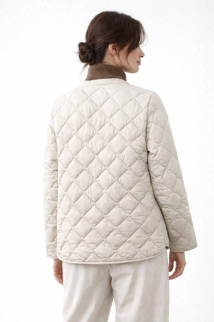 Quilted Jacket Women Snap Button Round Neck Lightweight