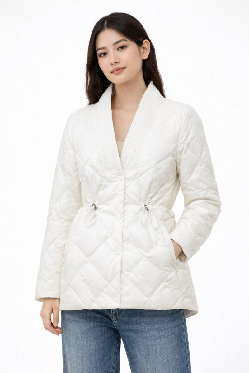 Quilted Jacket Women Button Front Adjustable Waist V-Neck