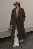 Wool Blend Coat Women Long Double Breasted with Lapel Collar