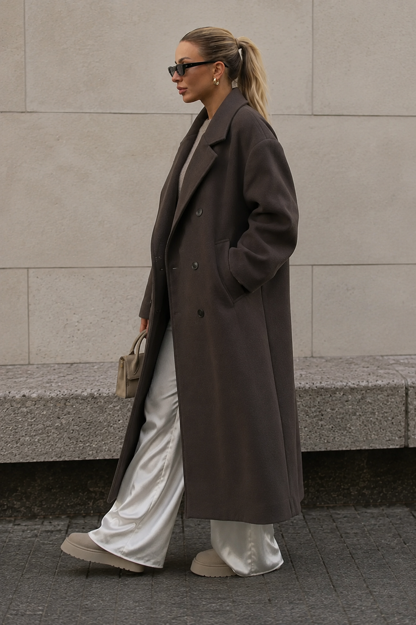Wool Blend Coat Women Long Double Breasted with Lapel Collar