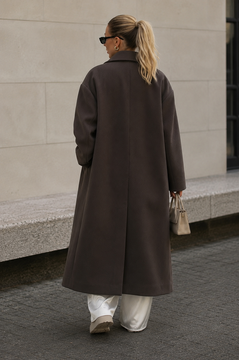 Wool Blend Coat Women Long Double Breasted with Lapel Collar