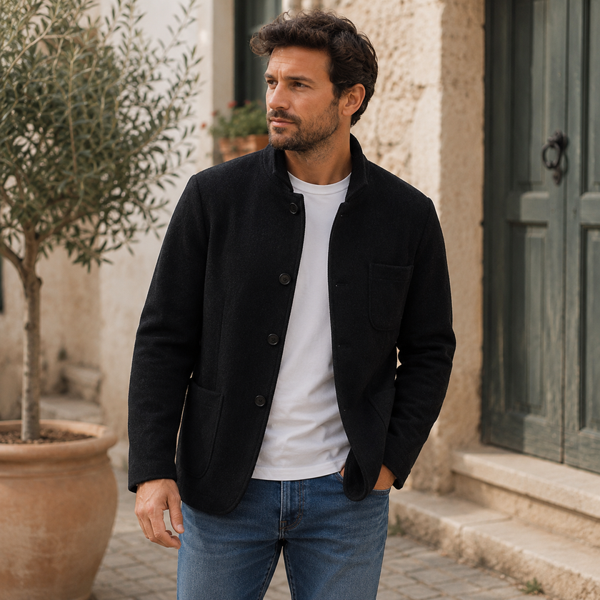 Knit Jacket Men Button Front Stand Collar Regular Fit