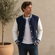 Varsity Jacket Men Snap Button Ribbed Collar Contrast Sleeves