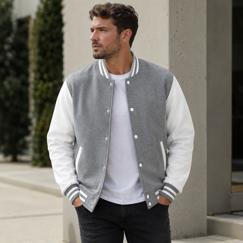 Varsity Jacket Men Snap Button Ribbed Collar Contrast Sleeves