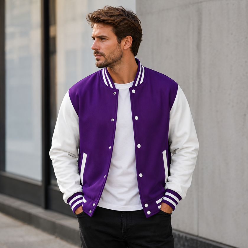 Varsity Jacket Men Snap Button Ribbed Collar Contrast Sleeves