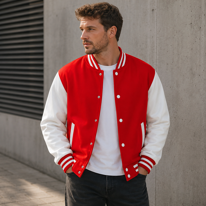 Varsity Jacket Men Snap Button Ribbed Collar Contrast Sleeves
