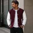 Varsity Jacket Men Snap Button Ribbed Collar Contrast Sleeves