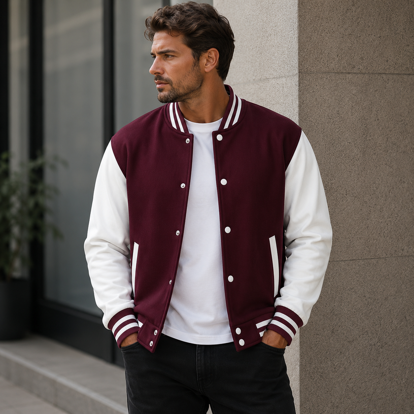 Varsity Jacket Men Snap Button Ribbed Collar Contrast Sleeves