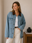 Denim Jacket Women Oversized Contrast Corduroy Collar Button Front
