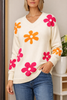 Floral V-Neck Knit Sweater Women Relaxed Fit