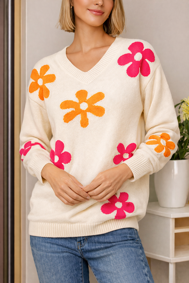 Rachel | Women's V-Neck Floral Sweater Pullover with Knit Long-Sleeve Soft for Everyday