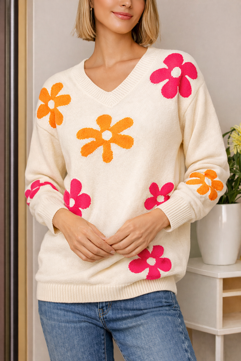 Floral V-Neck Knit Sweater Women Relaxed Fit