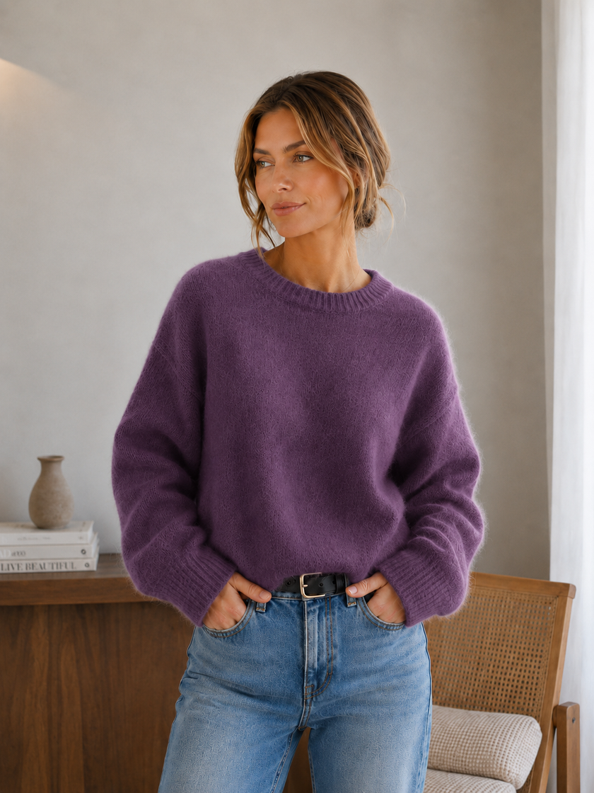 Knit Sweater Women Soft Fuzzy Relaxed Fit Round Neck