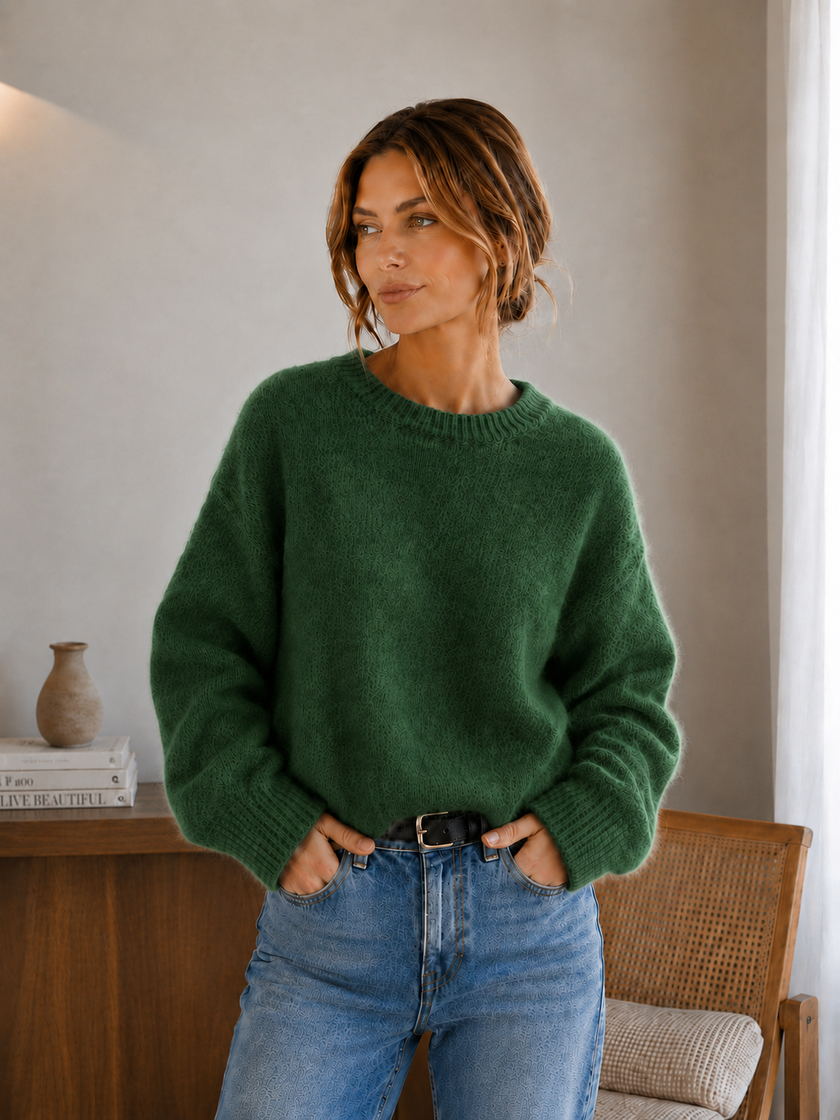 Knit Sweater Women Soft Fuzzy Relaxed Fit Round Neck
