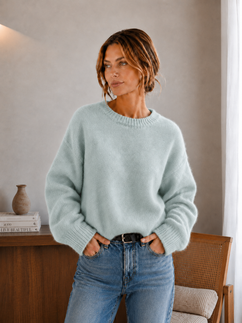 Knit Sweater Women Soft Fuzzy Relaxed Fit Round Neck