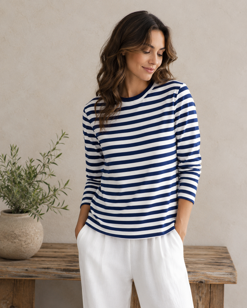 Striped Knit Top Women Long Sleeve Round Neck Relaxed Fit